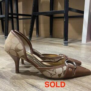 Vintage Coach Monogram Signature Kitten Heel Pumps, Brown Tan Leather Trim 